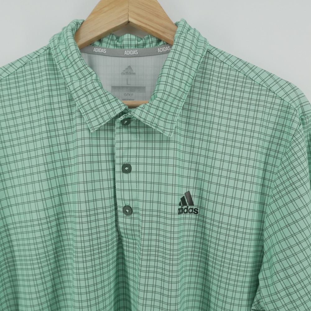 Adidas Golf Polo Shirt Mens Large L Mint Green Grid Plaid Short Sleeve Stretch
